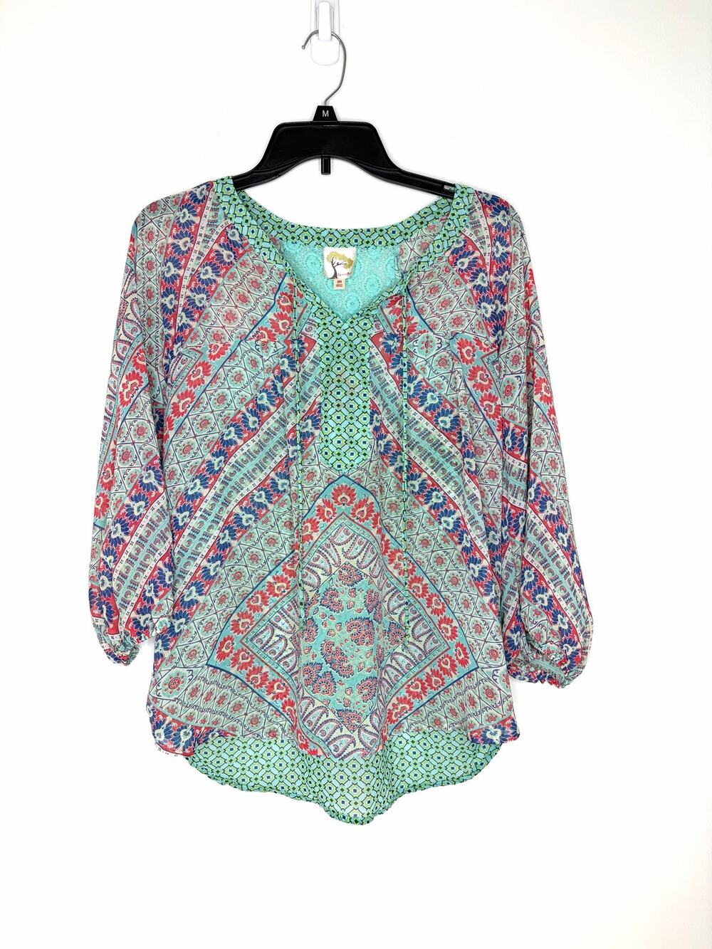 Fig and Flower Anthropologie Semi-Sheer Blouse Sz M Boho Peasant Crochet Detail
